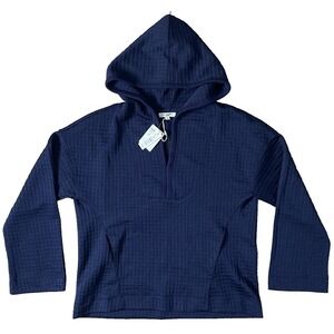 Max Studio London S Small Navy Blue Waffle-Knit Kangaroo Pullover Hoodie Women